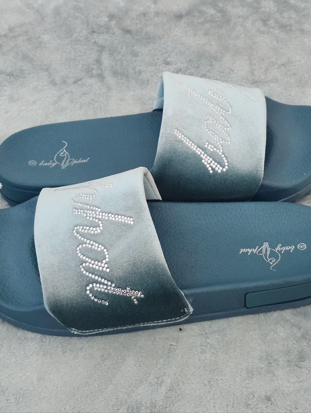 Baby Phat Rhinestone Script Logo Slide Sandals, Size: 8 Color: Teal - Picture 3 of 7